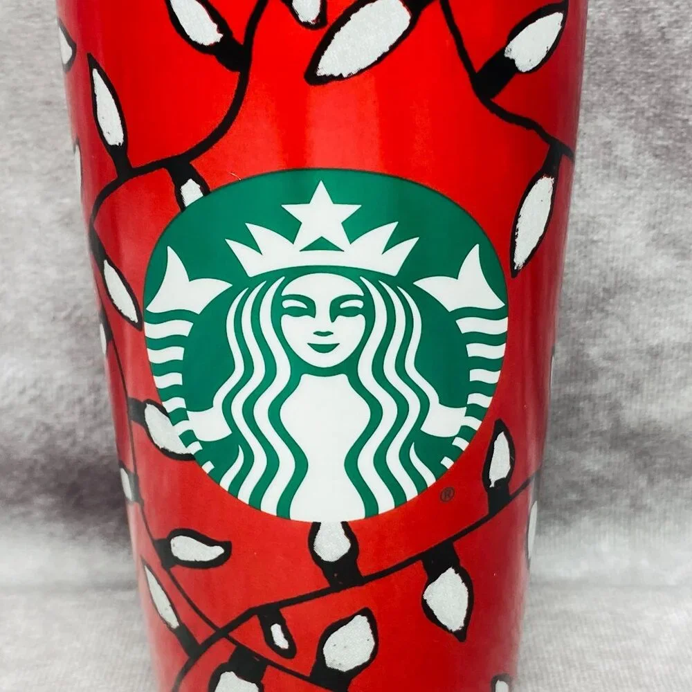 Starbucks 12 fl oz Red Holiday Tumbler Christmas Lights  2016 Green Mermaid Logo